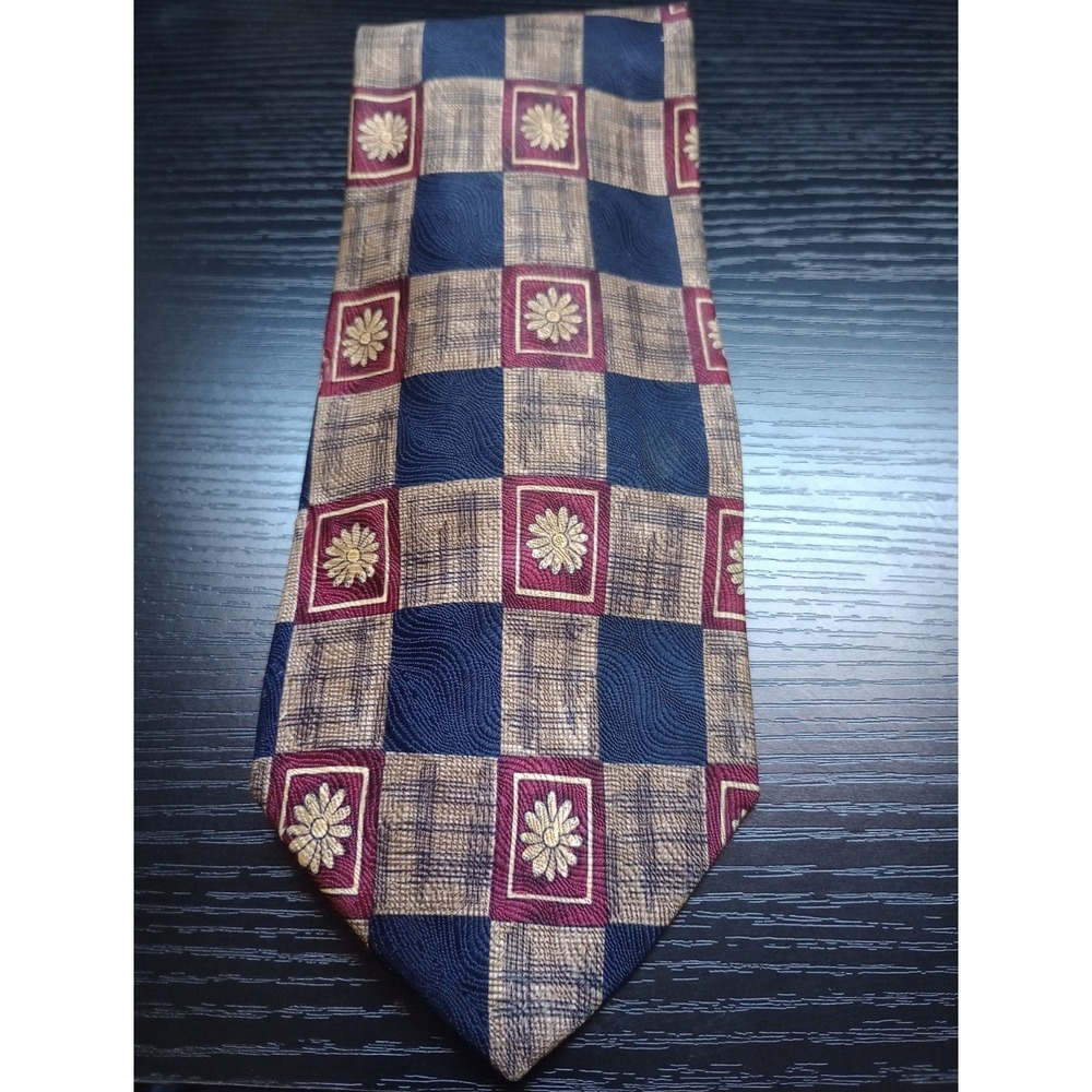 VINTAGE BILL‎ BLASS SILK NECKTIE – Geometric Check & Floral Medallion – Navy...